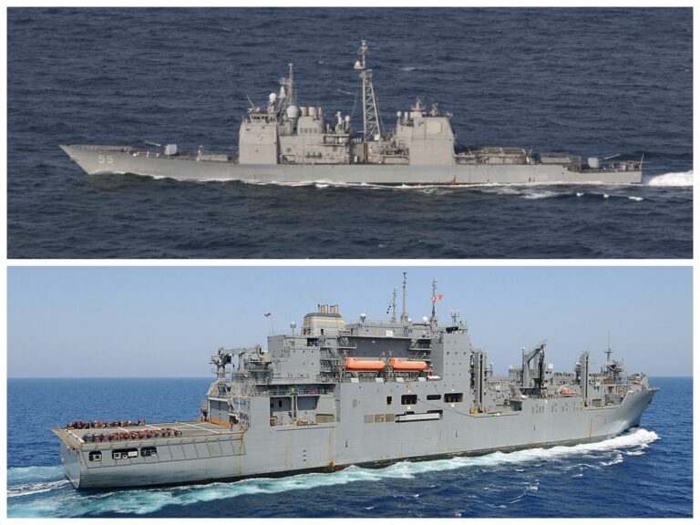 USS Leyte Gulf and USNS Robert E. Peary made contact during an underway replenishment