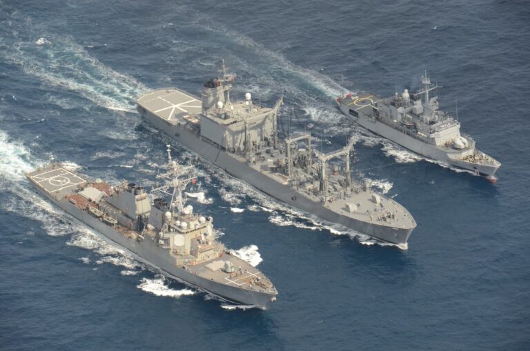 FNS Prairial (F731), USS Curtis Wilbur (DDG 54) and JS Hamana (AOE 424) Conducts RAS ,