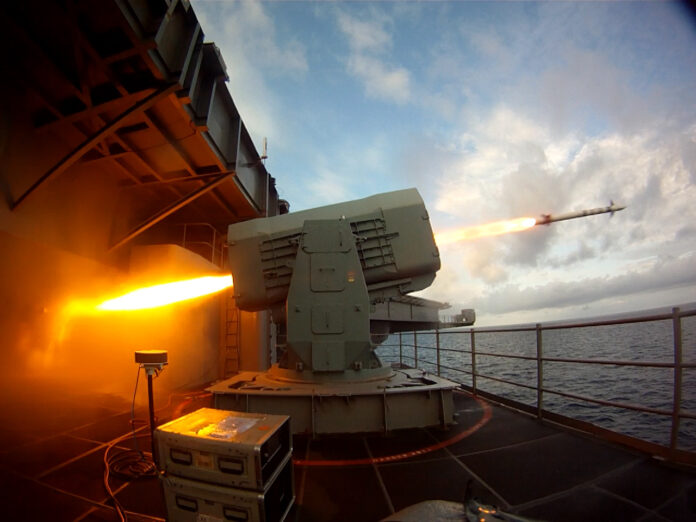 The aircraft carrier USS Theodore Roosevelt (CVN 71) launches a Rolling Airframe Missile (RAM).
