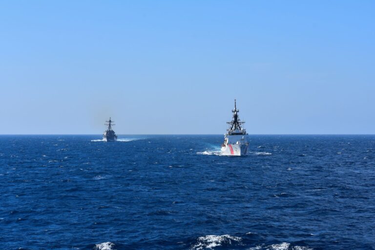 USS Roosevelt and U.S. Coast Guard ship Hamilton operate together in the Aegean Sea