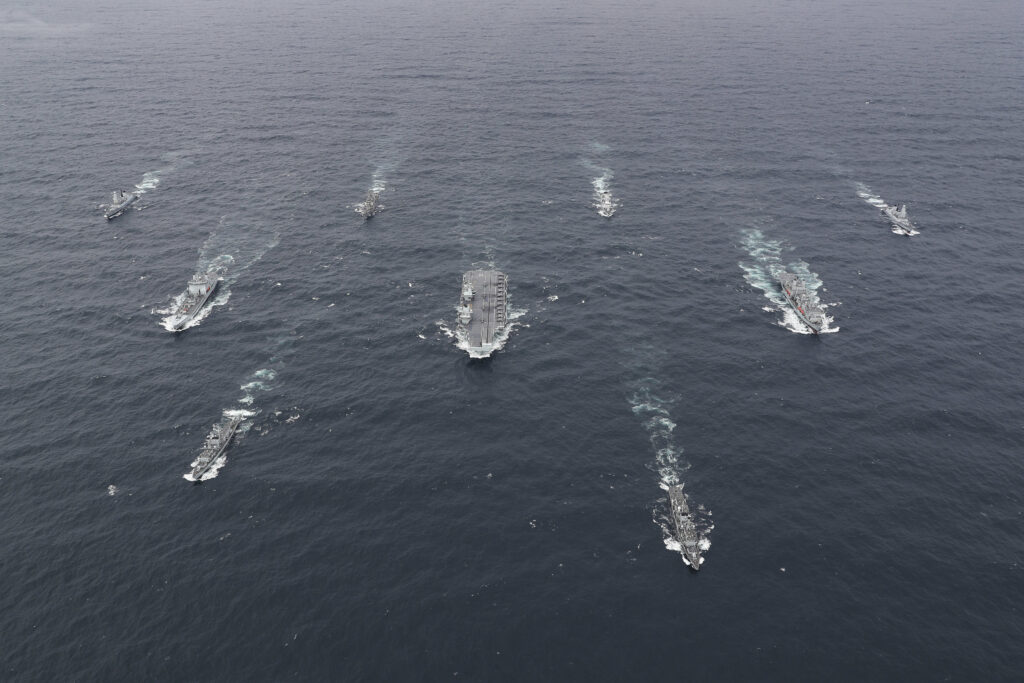 the full united kingdom (uk) carrier strike group (csg) assembled at sea. the csg is led by the royal navy aircraft carrier hms queen elizabeth (r 08) and includes flotilla of destroyers and frigates from the uk, the netherlands, the u.s. navy guided-missile destroyer uss the sullivans (ddg 68), and 15 f-35b lightning ii's from marine fighter attack squadron 211 and the uk's 617 squadron. (u.s. navy photo courtesy of the royal navy)