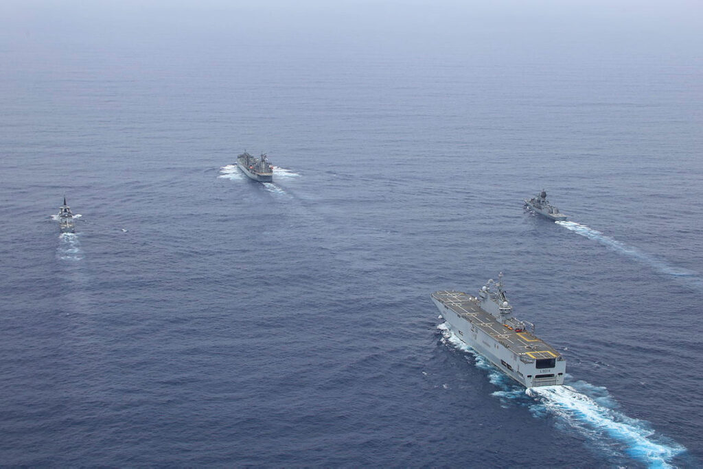 hma ships anzac and sirius sail in-company with french navy ships fs tonnerre and fs surcouf of the jeanne d'arc task group during a transit of the south china sea.