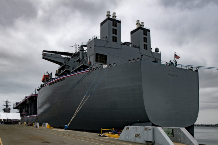 The Lewis B. Puller-class expeditionary mobile base USS Miguel Keith (ESB 5) sits pierside during the ship’s commissioning ceremony. (US Navy Photo)