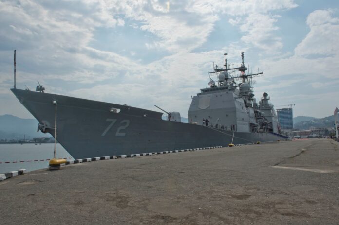 The Ticonderoga-class guided-missile cruiser USS Vella Gulf (CG 72) sits pier side in Batumi, Georgia for a scheduled port visit. Vella Gulf, homeported in Norfolk, Va., is conducting naval operations with allies in the U.S. 6th Fleet area of operations in order to advance security and stability in Europe.