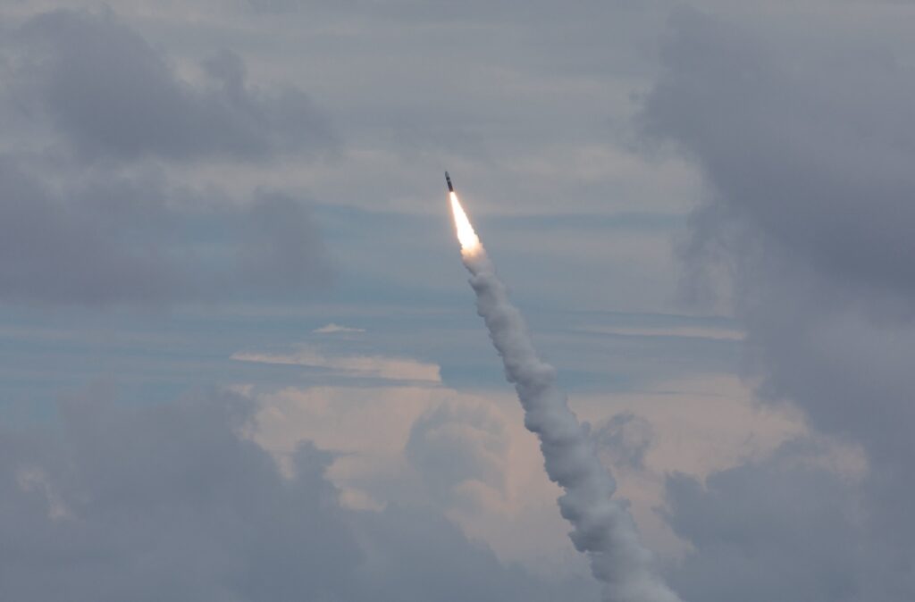an unarmed trident ii d5le missile launches from the ohio-class ballistic missile submarine uss wyoming (ssbn 742) off the coast of cape canaveral, florida, during demonstration and shakedown operation (daso) 31. (u.s. navy photo)