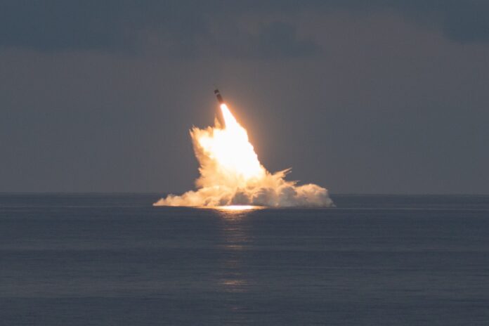 An unarmed Trident II D5LE missile launches from the Ohio-class ballistic missile submarine USS Wyoming (SSBN 742) off the coast of Cape Canaveral, Florida, during Demonstration and Shakedown Operation (DASO) 31. (U.S. Navy photo)