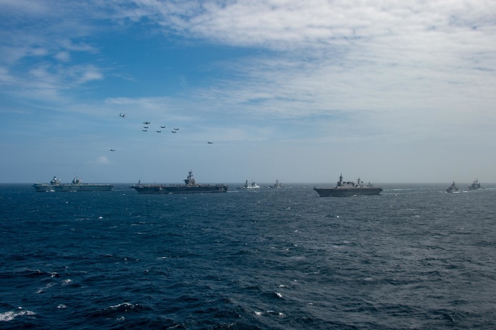 us navy, royal navy, japan maritime self-defense force and royal australian navy ships and aircraft operate together in the indian ocean on sunday as part of maritime partnership exercise mpx2021