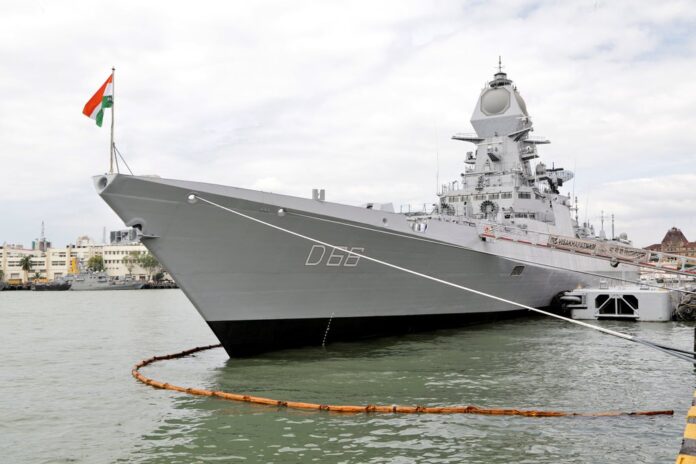 INS Visakhapatnam, first of P15B stealth guided missile destroyer, commissioned into Indian Navy today at Naval Dockyard Mumbai. (Nov 21, 2021)