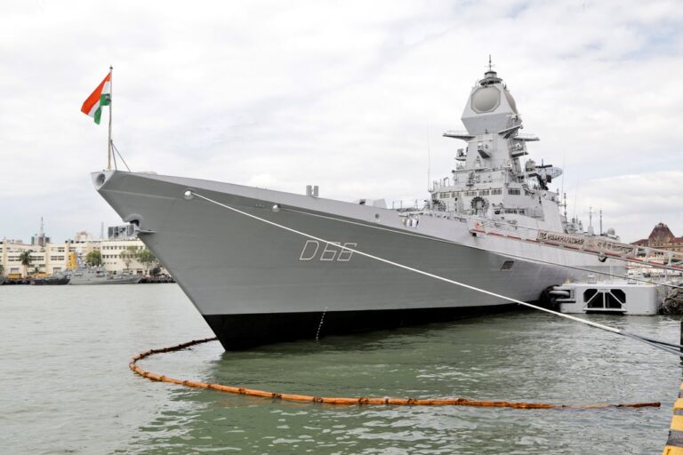 INS Visakhapatnam, first of P15B stealth guided missile destroyer, commissioned into Indian Navy today at Naval Dockyard Mumbai. (Nov 21, 2021)